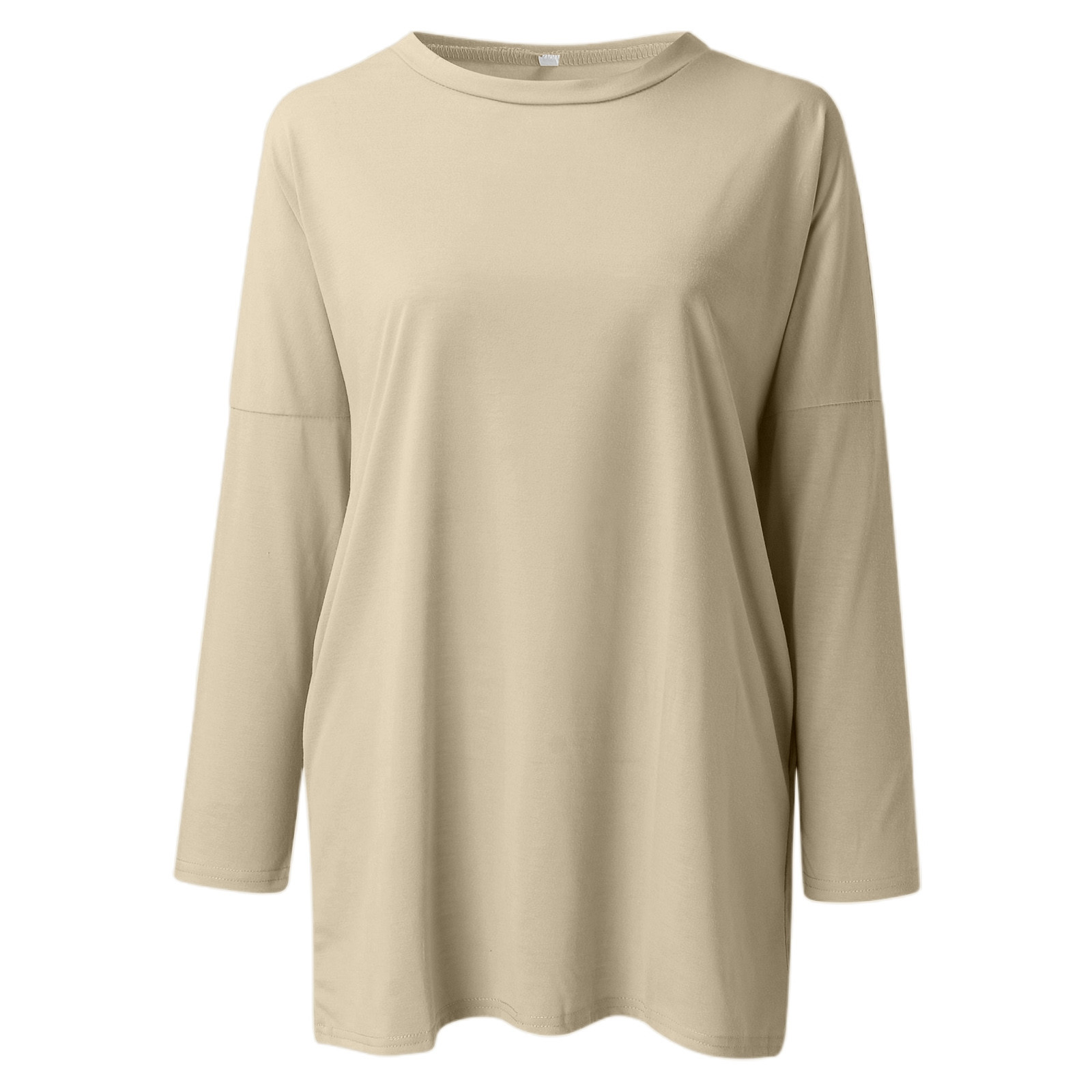 thumbnail image 4 of Camiseta de manga larga con cuello redondo y bolsillos para mujer: color liso, tejido elástico suave, camiseta larga informal para el día a día y la playa., 4 of 5